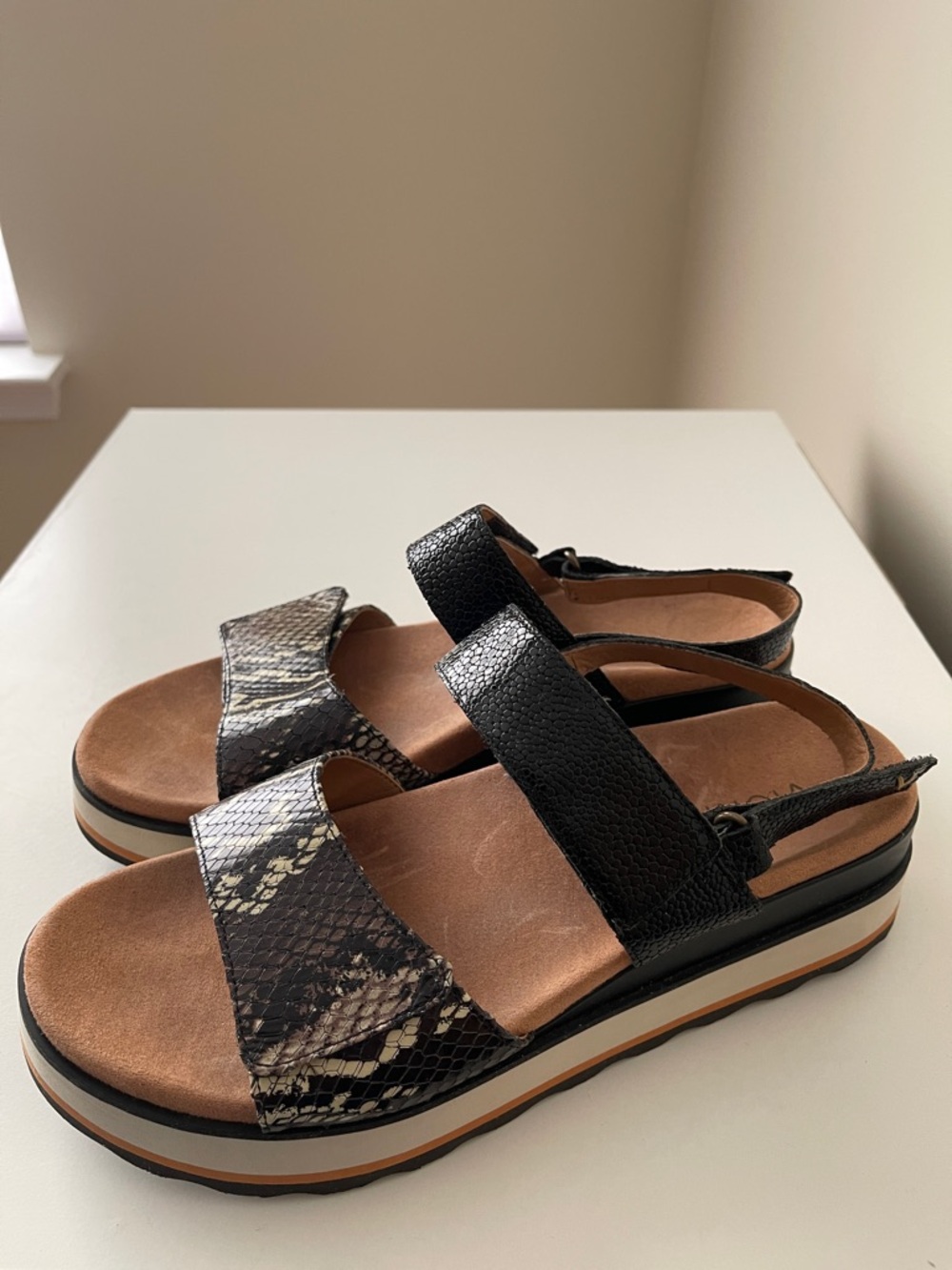 Vionic Black Snake-Print & Tan Platform Sandals